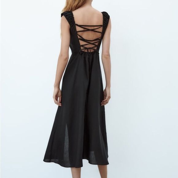 Zara Black Midi Dress with Lace-Up Back - Picture 12 of 13